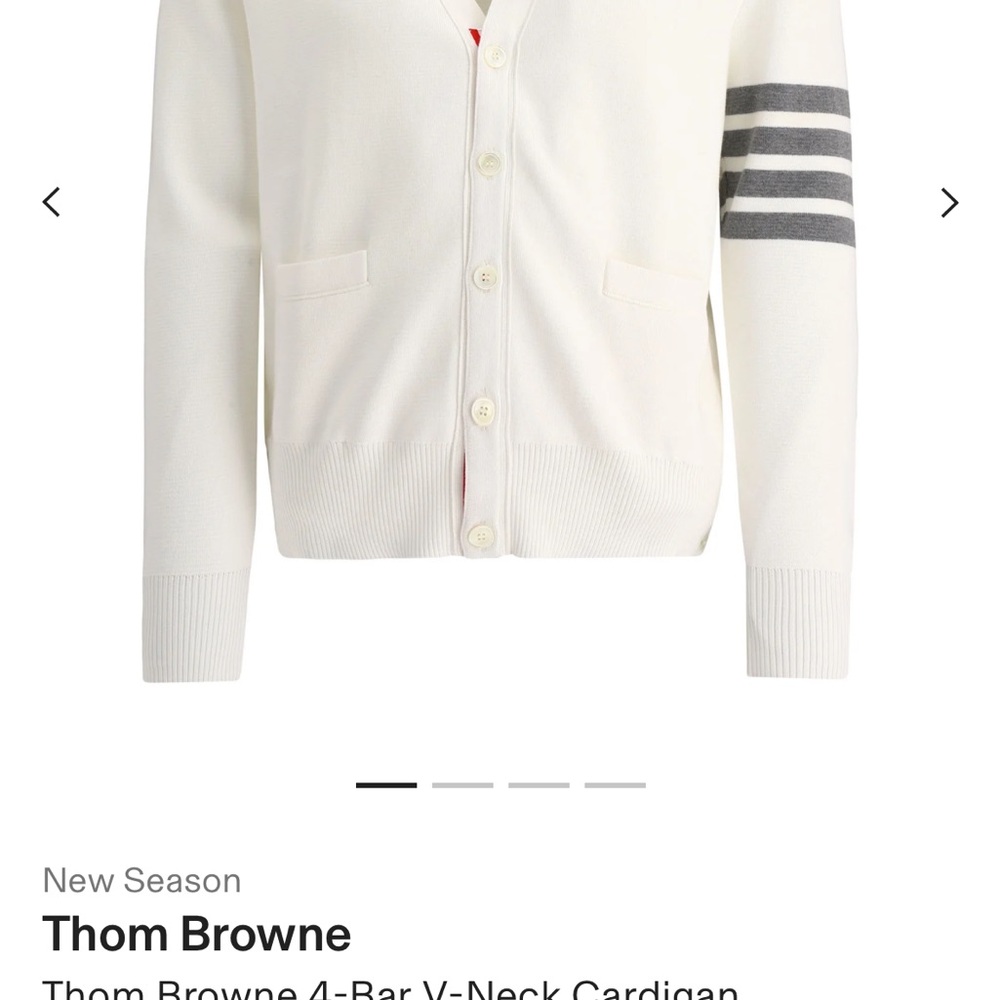 Thom Browne White V-Neck Cardigan with Gray Sleeve Stripes